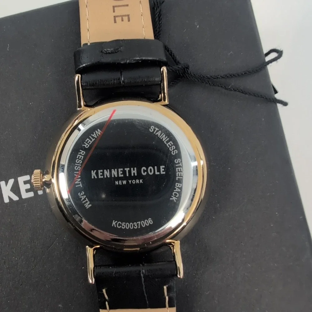 Kenneth Cole Watch Mens 40mm Gold Tone White‎ Dial Date Black Leather Strap READ